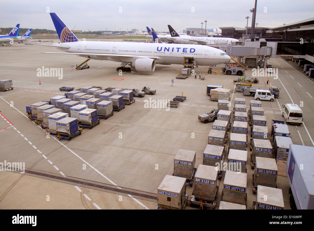 Tokyo Japan,Asia,Orient,Narita International Airport,NRT,tarmac,United Airlines,gate,containers,food,supplies,commercial airliner airplane plane aircr Stock Photo