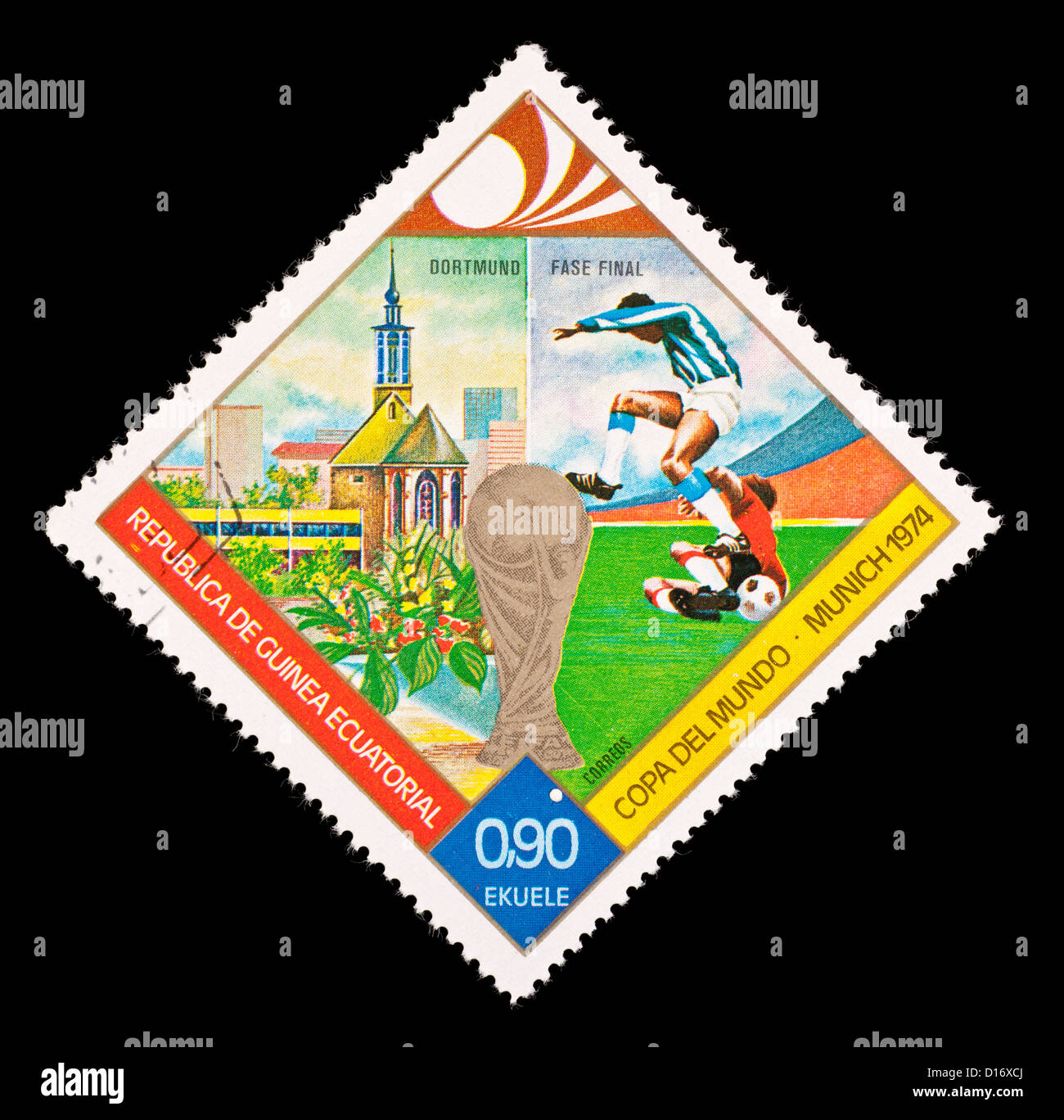 Postage stamp from Equatorial Guinea depicting soccer players and the city of Munich. Stock Photo