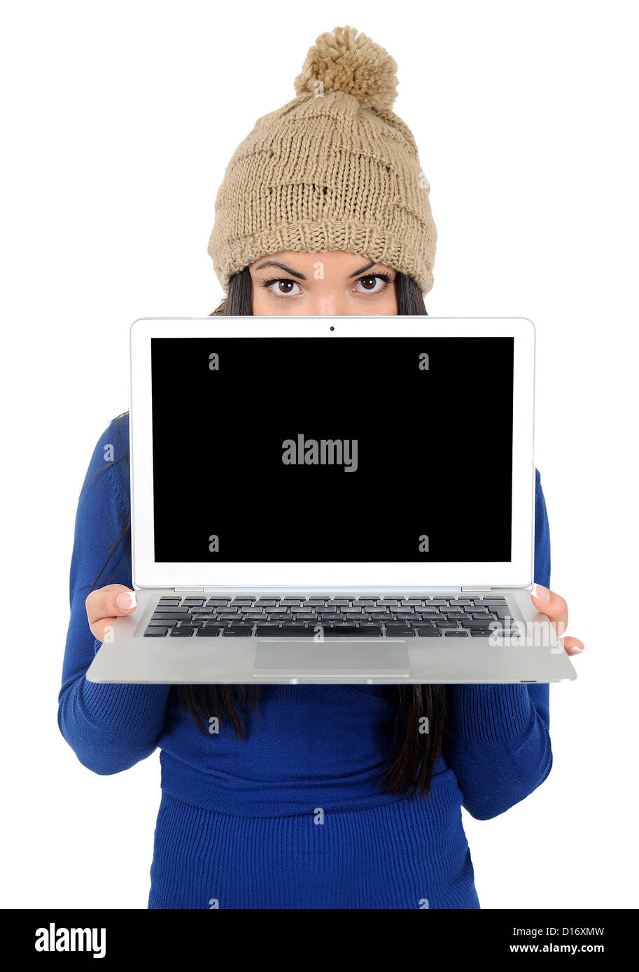 Isolated young casual woman with laptop Stock Photo - Alamy