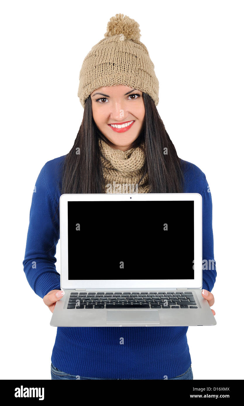 Isolated young casual woman with laptop Stock Photo - Alamy