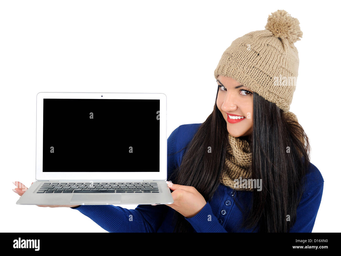 Isolated young casual woman with laptop Stock Photo - Alamy