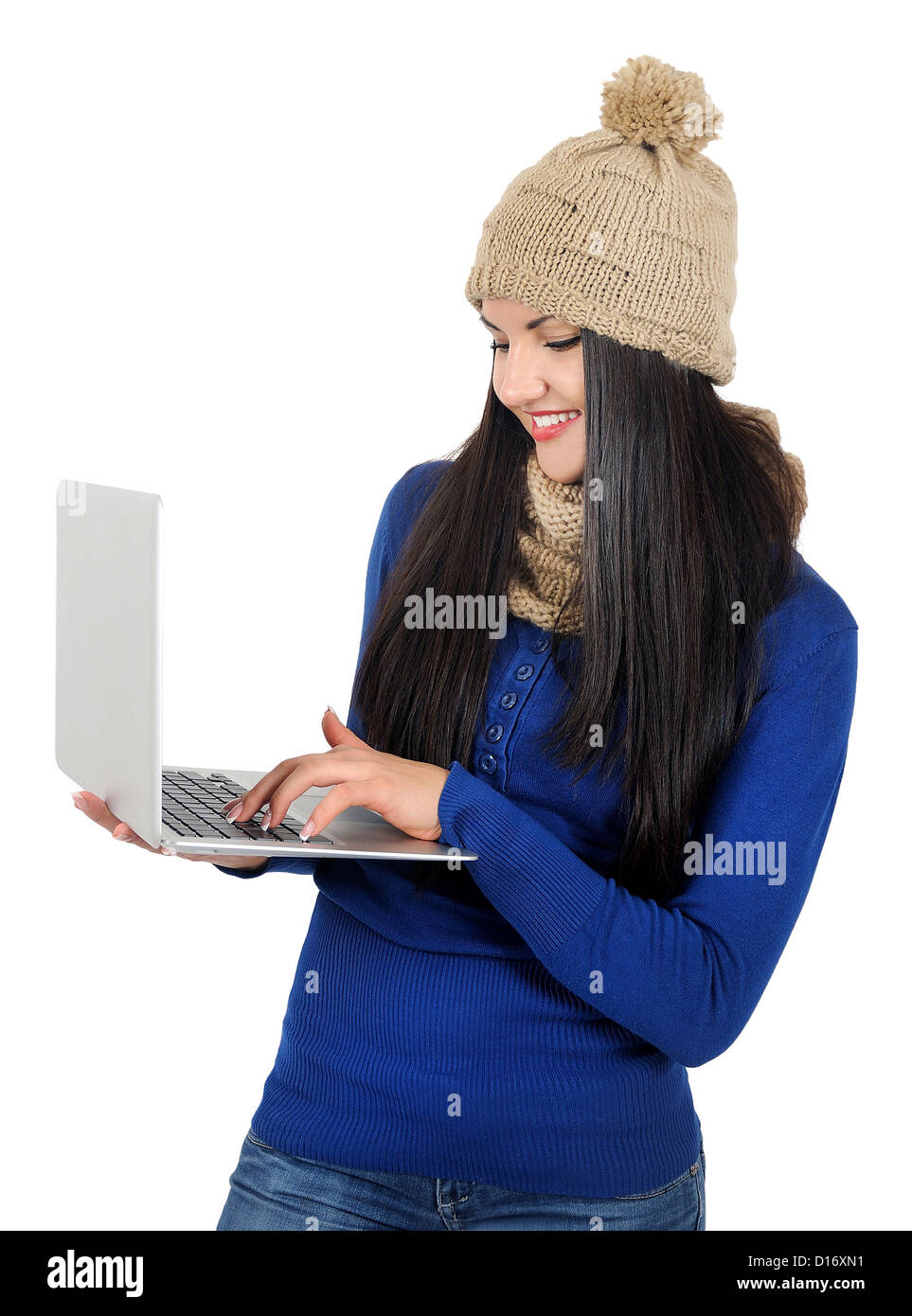 Isolated young casual woman with laptop Stock Photo - Alamy