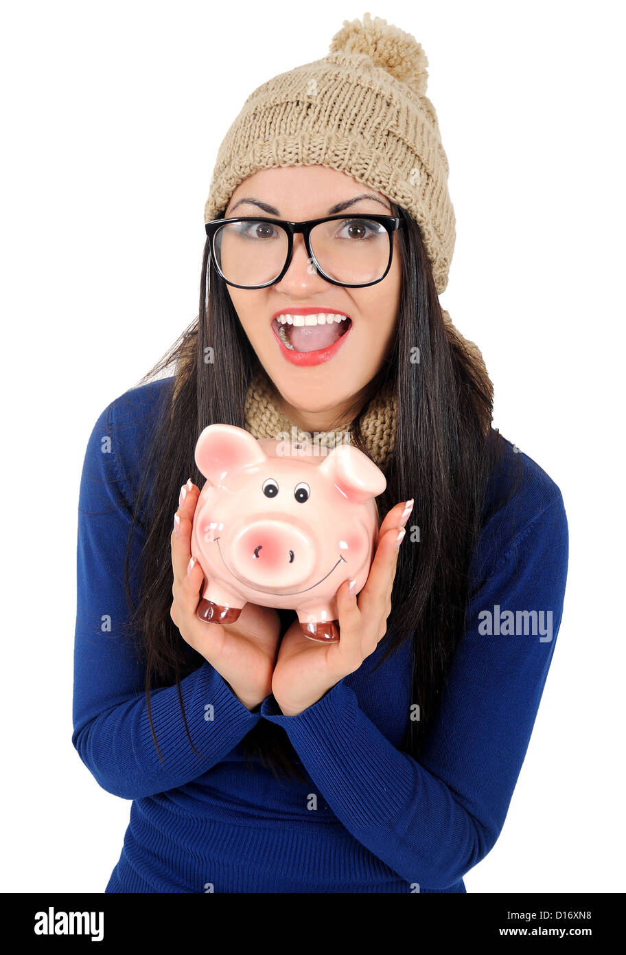 Isolated young casual woman with piggy bank Stock Photo - Alamy