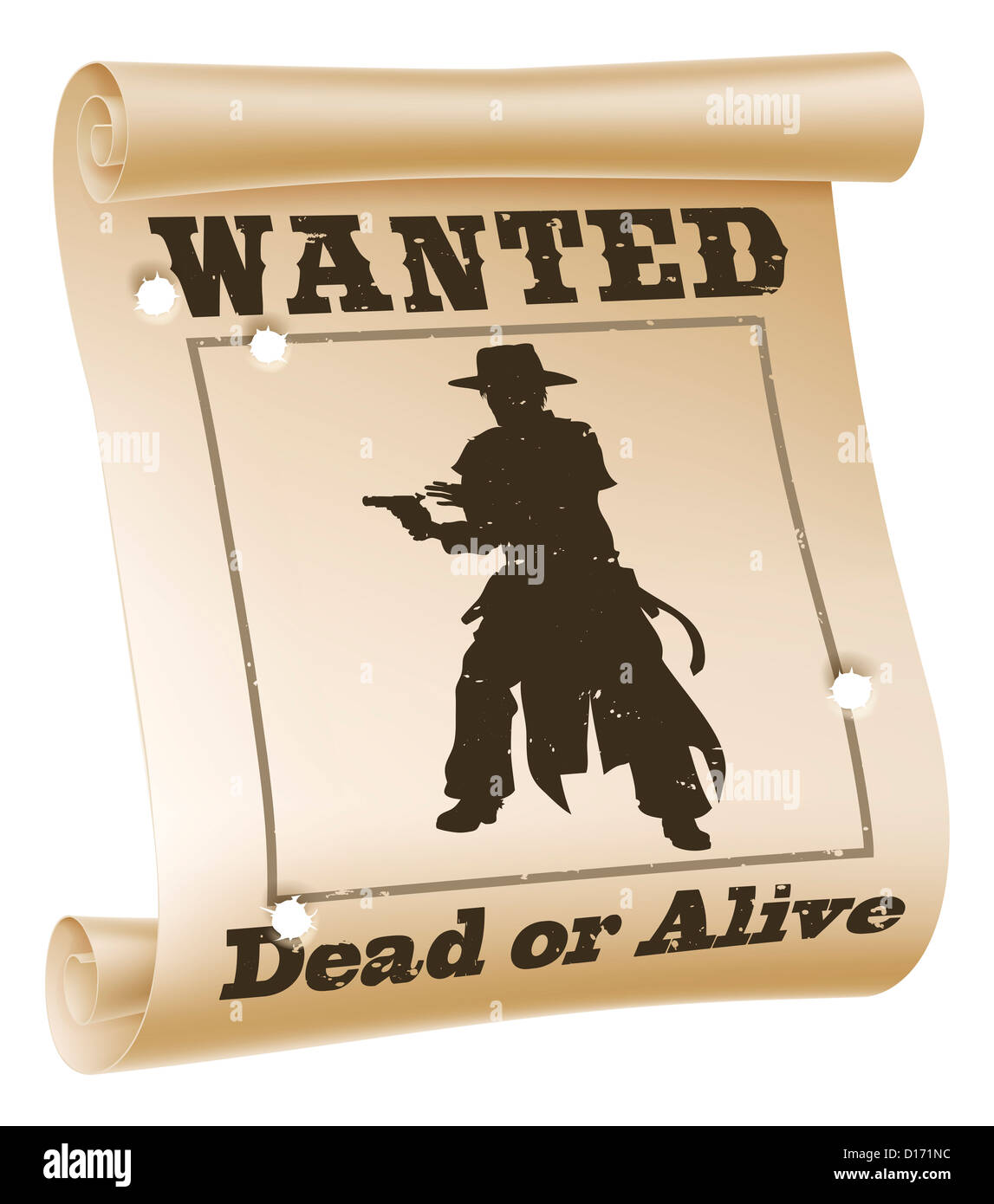 An illustration of a wanted poster with text “wanted dead or alive”, cowboy silhouette and bullet holes Stock Photo