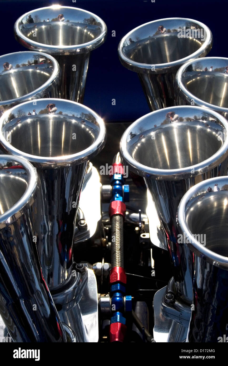 The air intake trumpets of a V8 racing engine Stock Photo Alamy