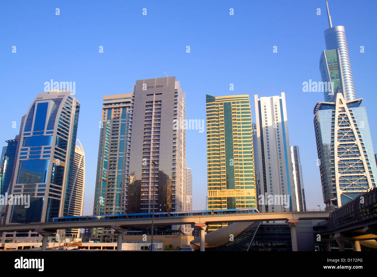 Dubai UAE,United Arab Emirates,Jumeirah Lake Towers Metro Station,Red Line,Lake City Tower,Global Lake View,Almas Tower,Indigo Tower,building,high ris Stock Photo