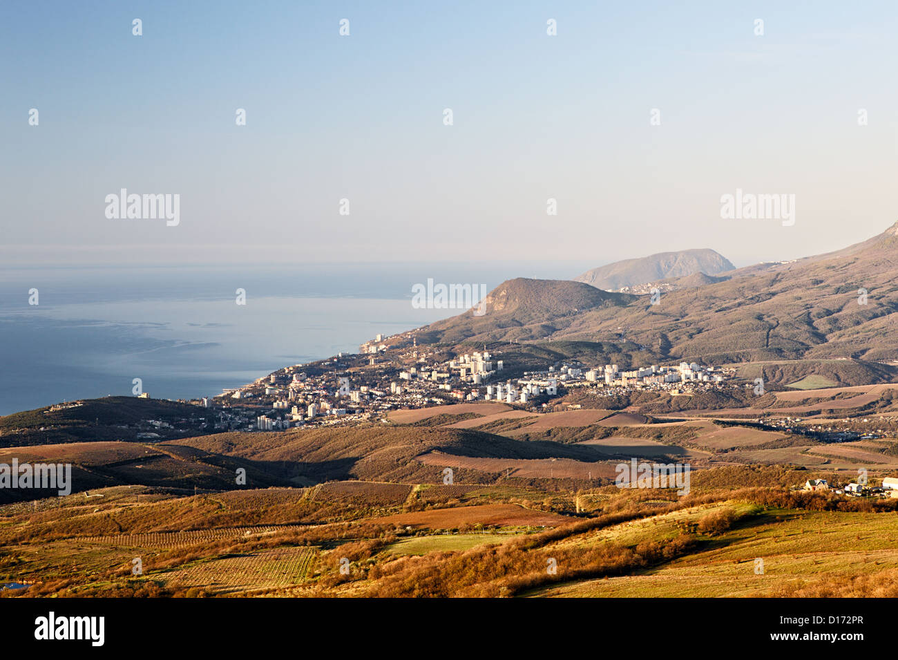 Panoramic aerial view of Black sea coast and Alushta. Demerdzhi area, Crimea, Ukraine Stock Photo