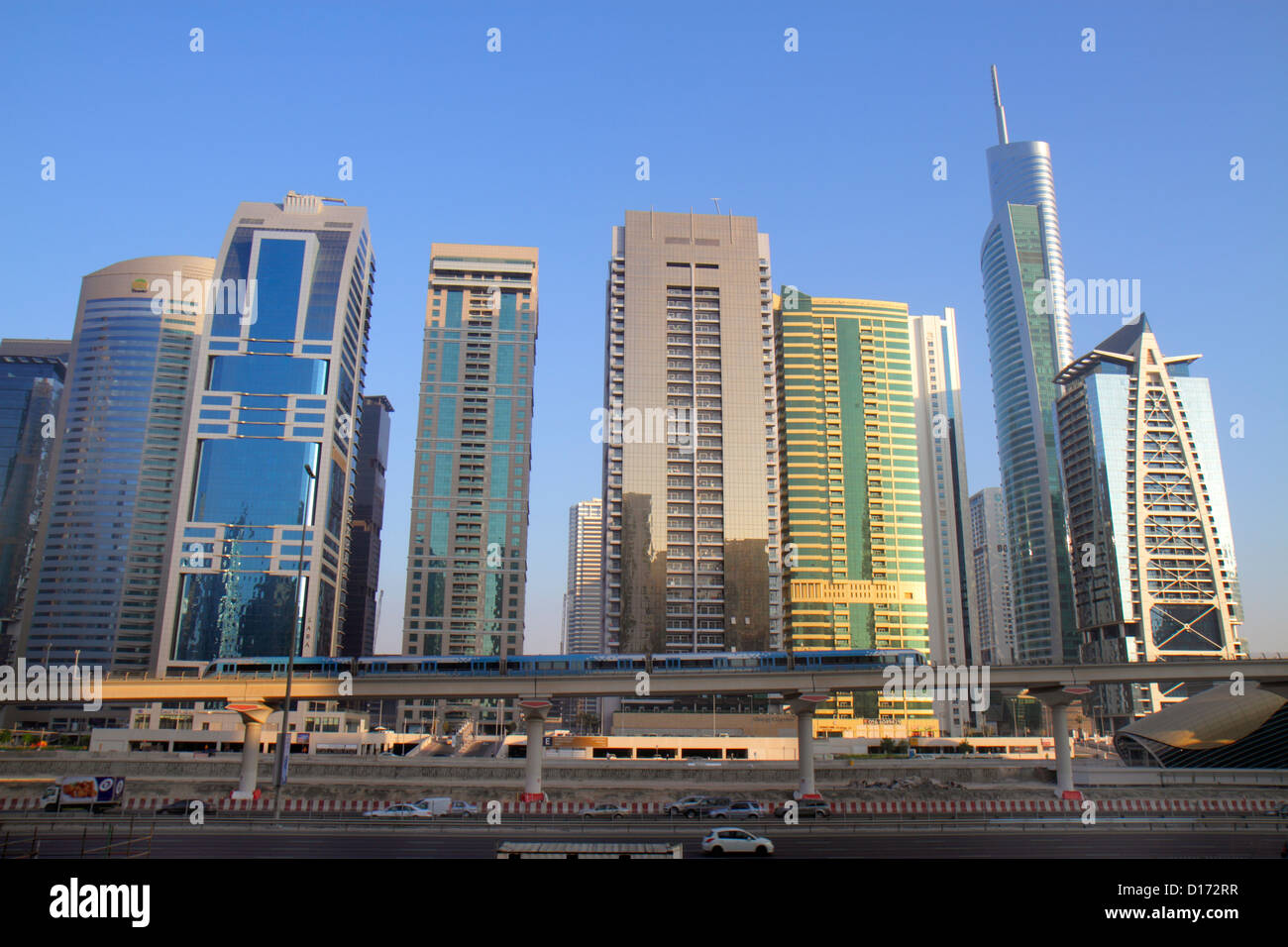 Dubai UAE,United Arab Emirates,Jumeirah Lake Towers Metro Station,Red Line,Lake City Tower,Global Lake View,Almas Tower,Indigo Tower,building,high ris Stock Photo