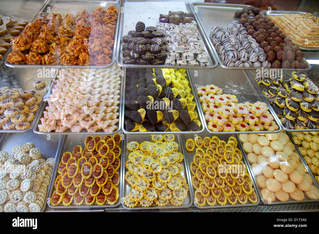 Dubai UAE,United Arab Emirates,Deira,Al Rigga,Abshar Iranian Sweets,desserts,treats,cookies,candies,baked goods,pastries,cakes,display case,UAE1210110 Stock Photo