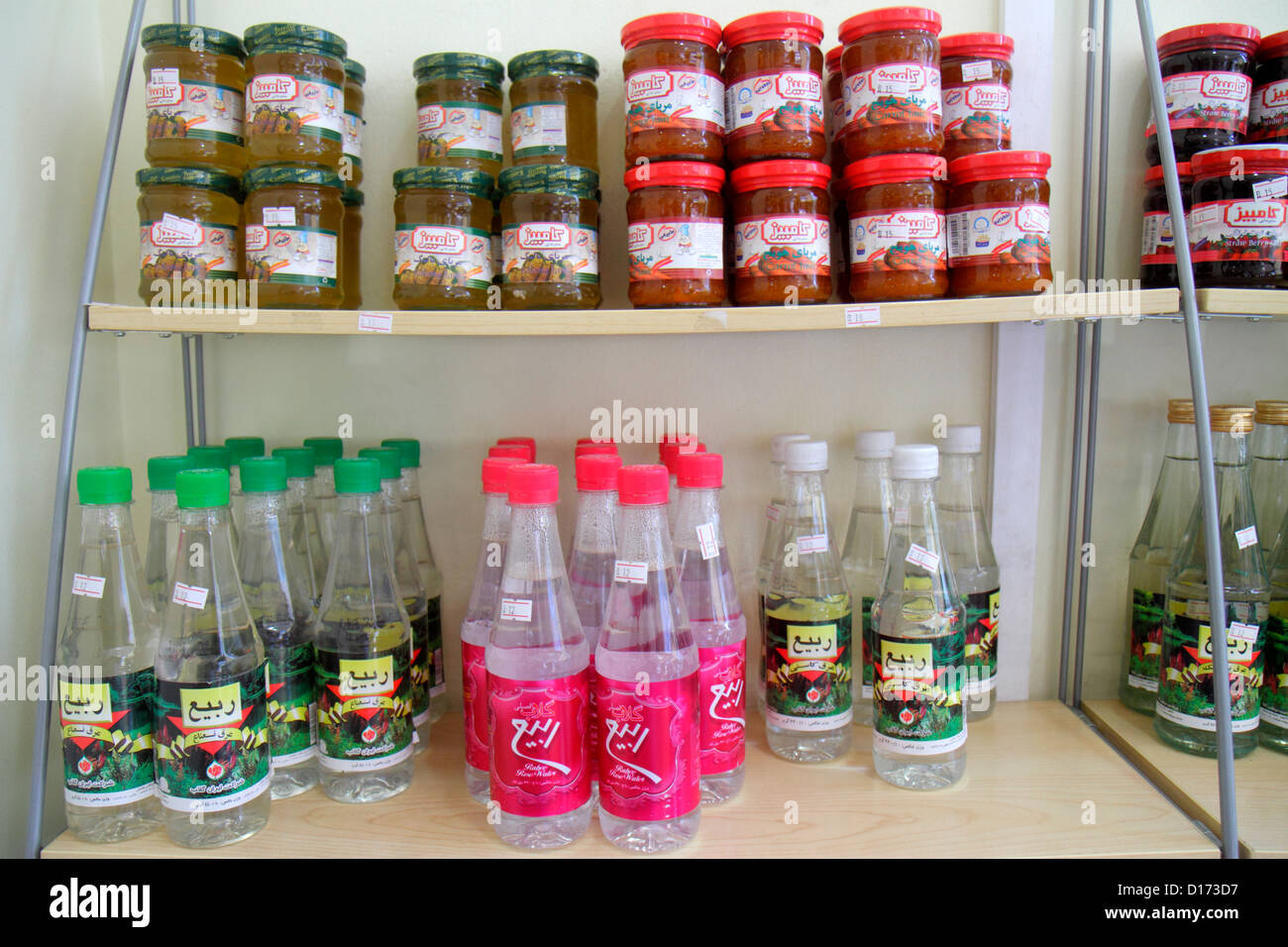 Dubai UAE,United Arab Emirates,Deira,Al Rigga,Abshar Iranian Sweets,bottled,drink drinks,Arabic,language,bilingual,jellies,jams,condiments,UAE12101101 Stock Photo