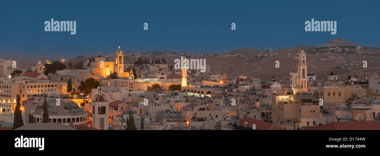 Panoramic skyline of Bethlehem at dusk , Palestine Stock Photo