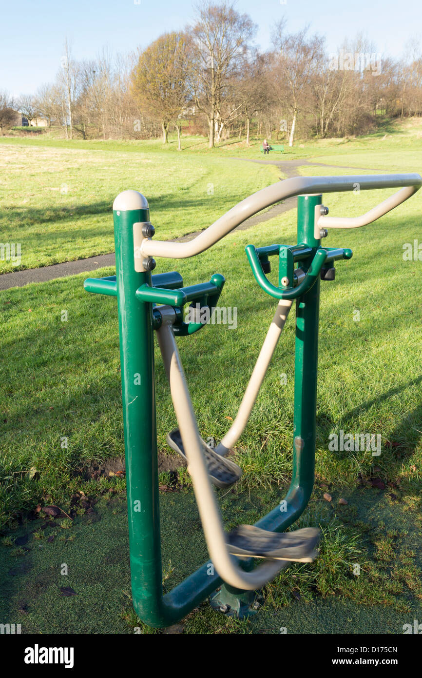 Outdoor air walker machine, one of several free-to-use public exercise equipment installations on Brun Valley, Burnley. Stock Photo