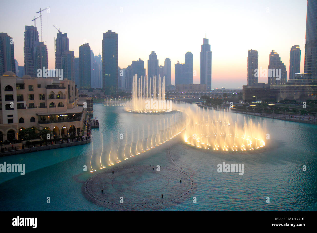 Dubai UAE,United Arab Emirates,Downtown Dubai,Burj Dubai,Dubai Mall,Burj Khalifa Lake,The Dubai Fountain,performance,The Residences West East Tower 1 Stock Photo