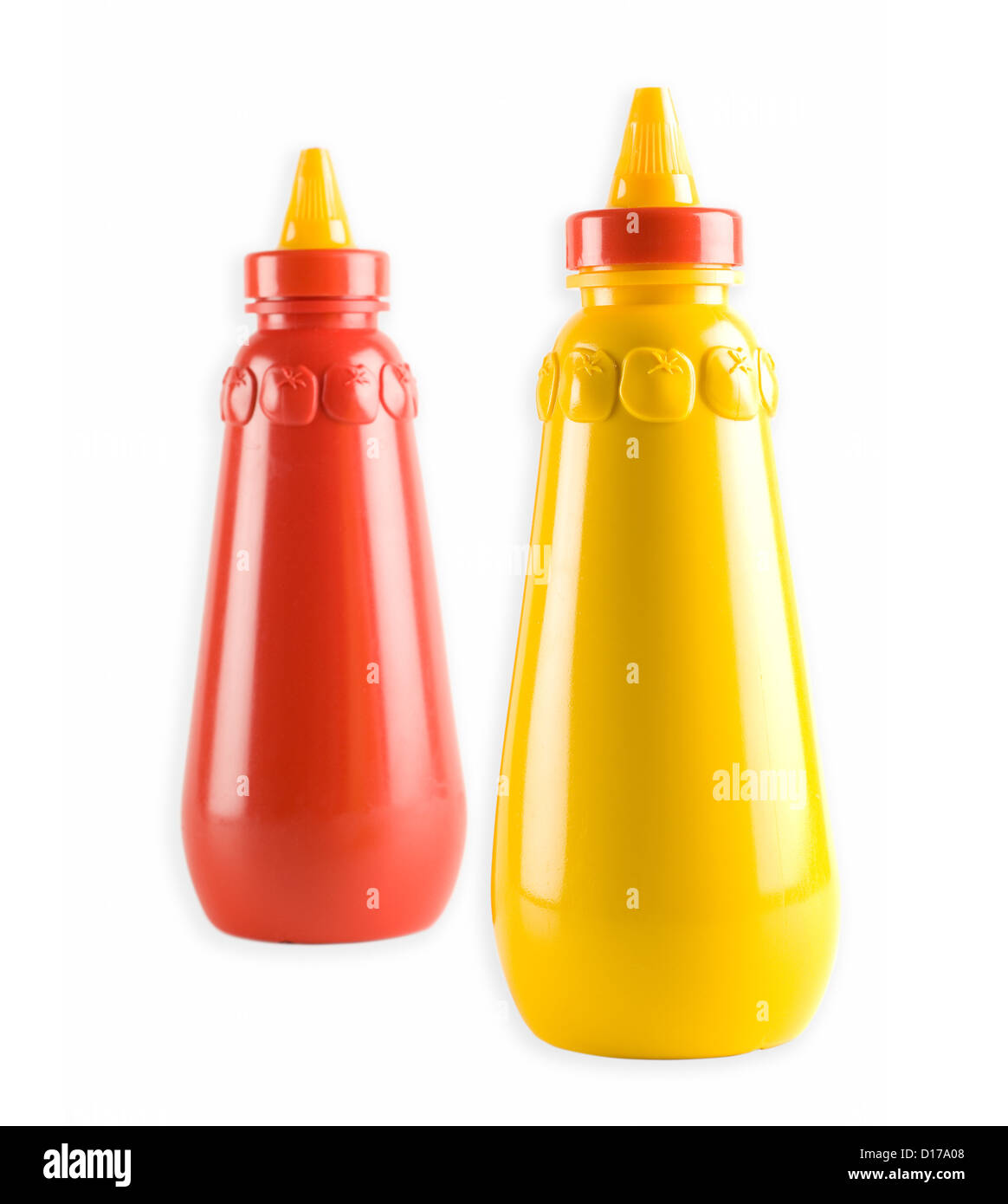 Mustard and tomato ketchup bottles selective focus on mustard bottle