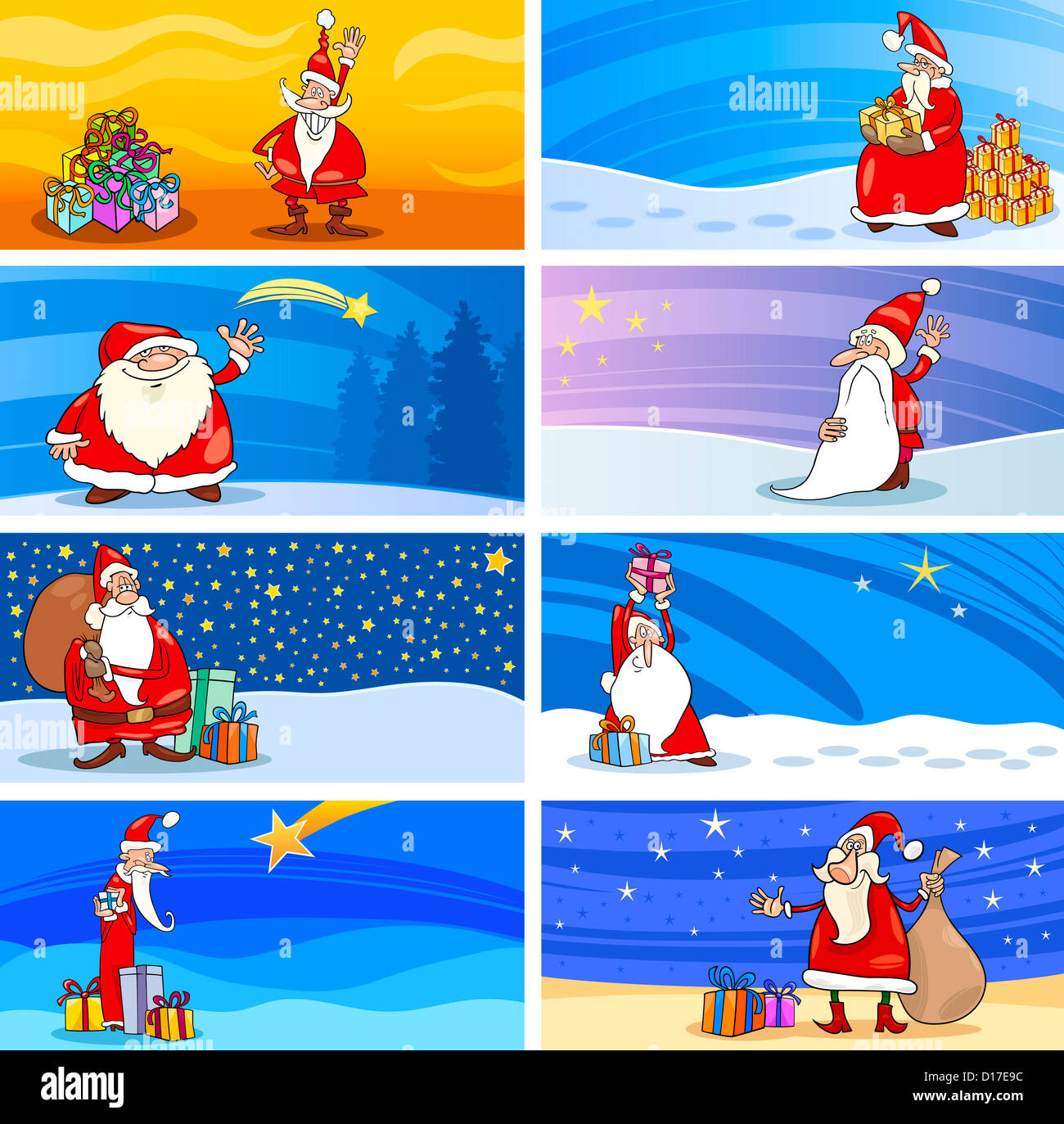 Cartoon Illustration of Greeting Cards with Santa Claus or Papa Noel or ...