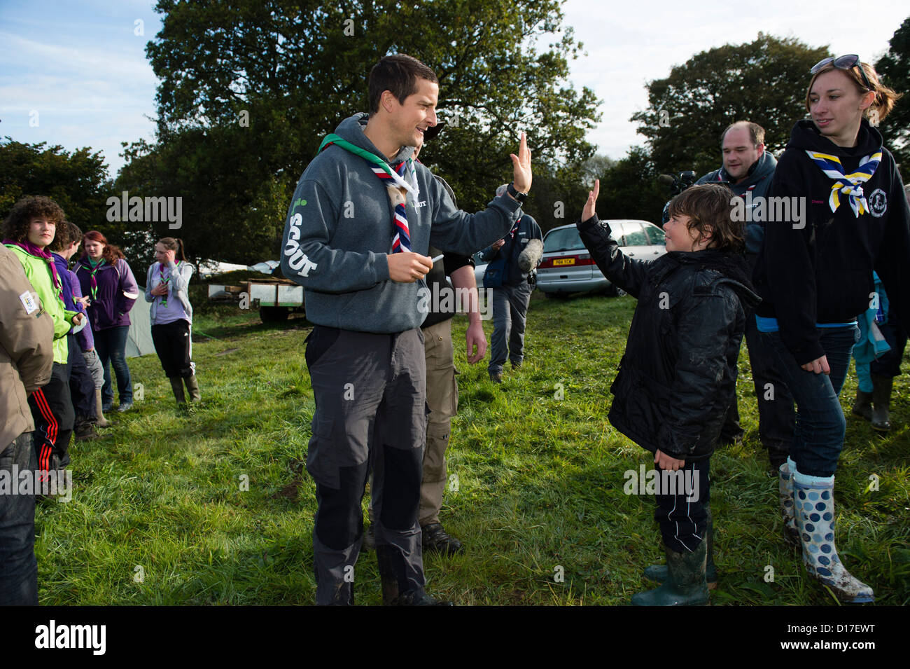 Chief Scout BEAR GRYLLS meeting welsh girl and boy scouts at a camp in
