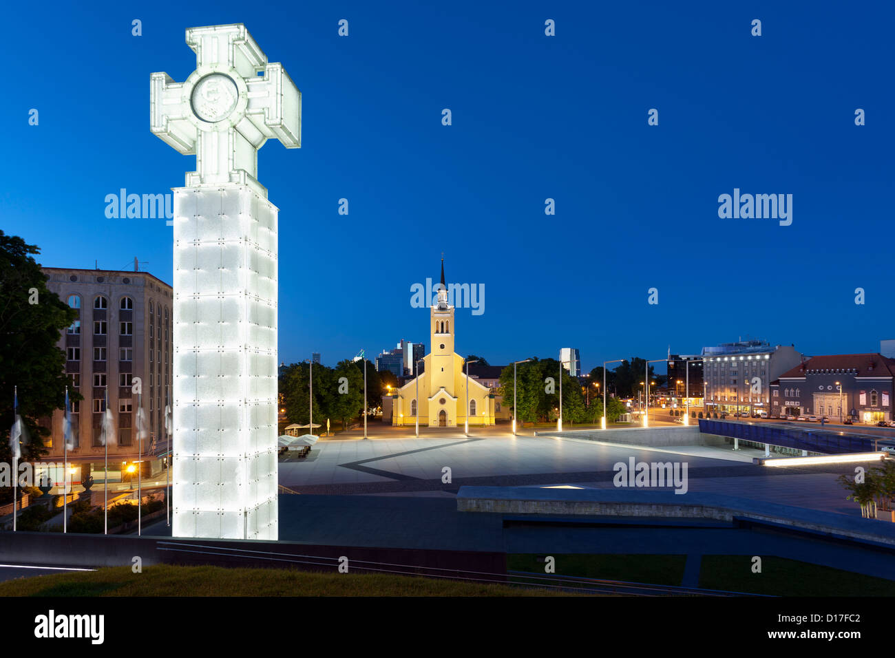 Church monument overlooking town square Stock Photo