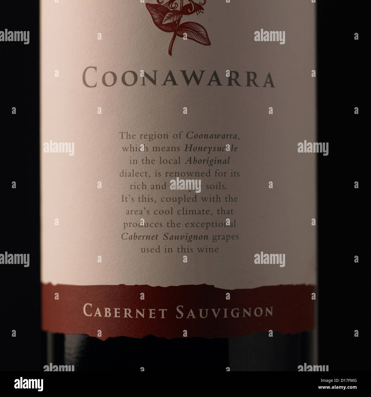 Coonawarra Cabernet Sauvignon wine bottle label closeup Stock Photo