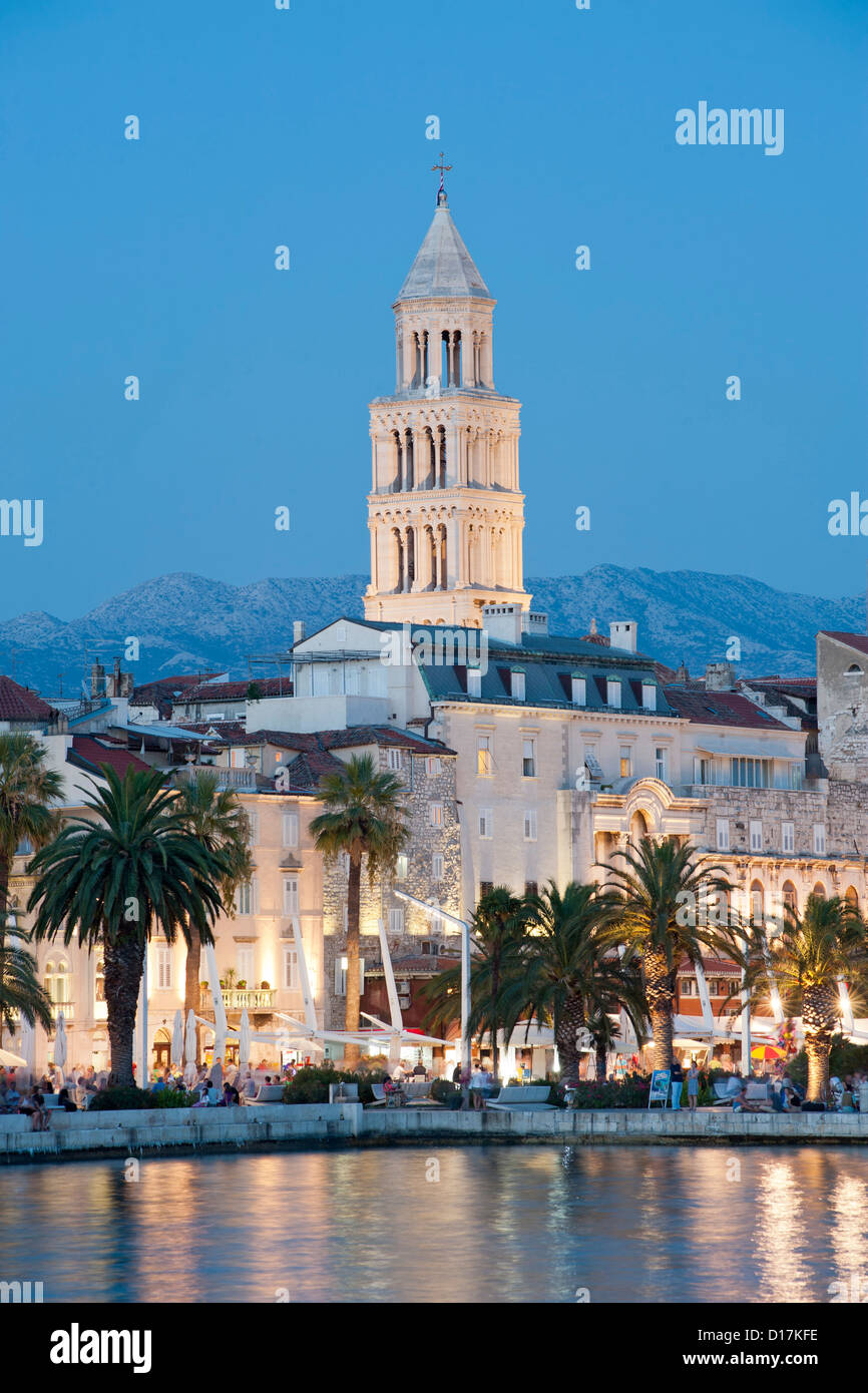 Dusk view of the waterfront promenade and tower of the Cathedral of Saint Domnius in the city of Split in Croatia. Stock Photo
