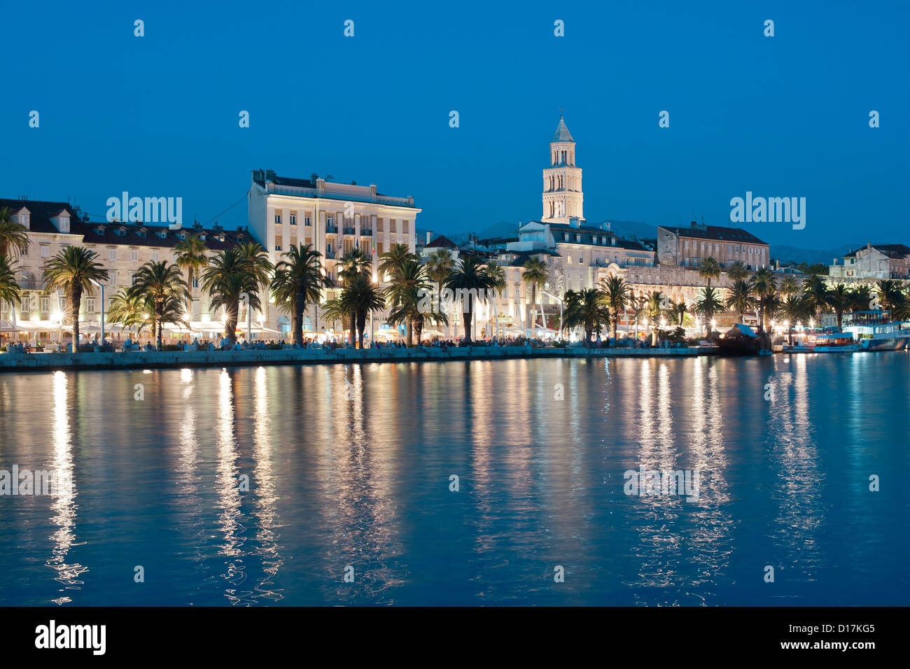 Dusk view of the waterfront promenade and tower of the Cathedral of Saint Domnius in the city of Split in Croatia. Stock Photo