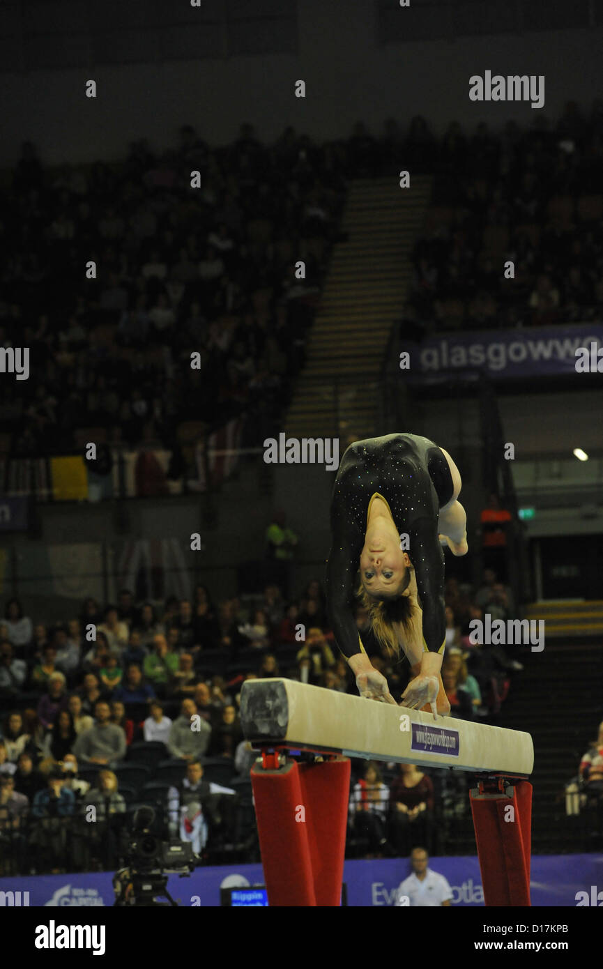 Niamh Rippin, GBR, during the Balance Beam segment of the Glasgow World Cup at the Emirates Arena. Stock Photo