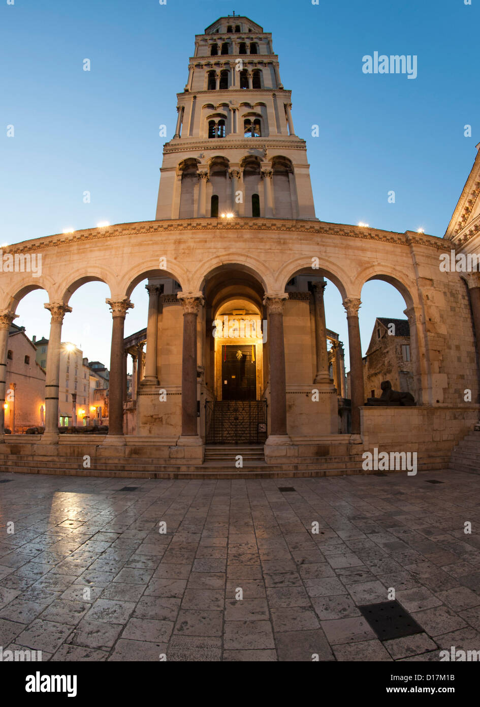 Courtyard / peristyle of the Diocletian Palace and tower of the cathedral of Saint Domnius in the city of Split in Croatia. Stock Photo