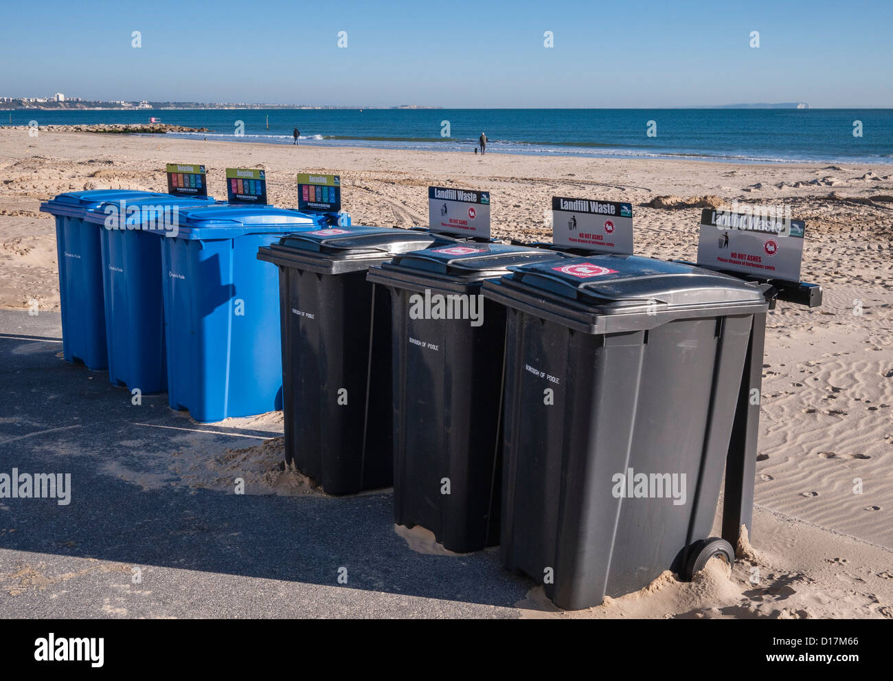 Recycling Bins on promenade at Sandbanks, Poole Bay, Dorset, UK Stock