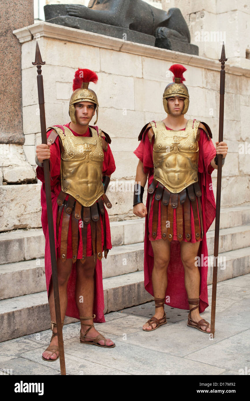 Men dressed as Roman Centurions in the old town in the city of Split on the Adriatic coast of Croatia. Stock Photo