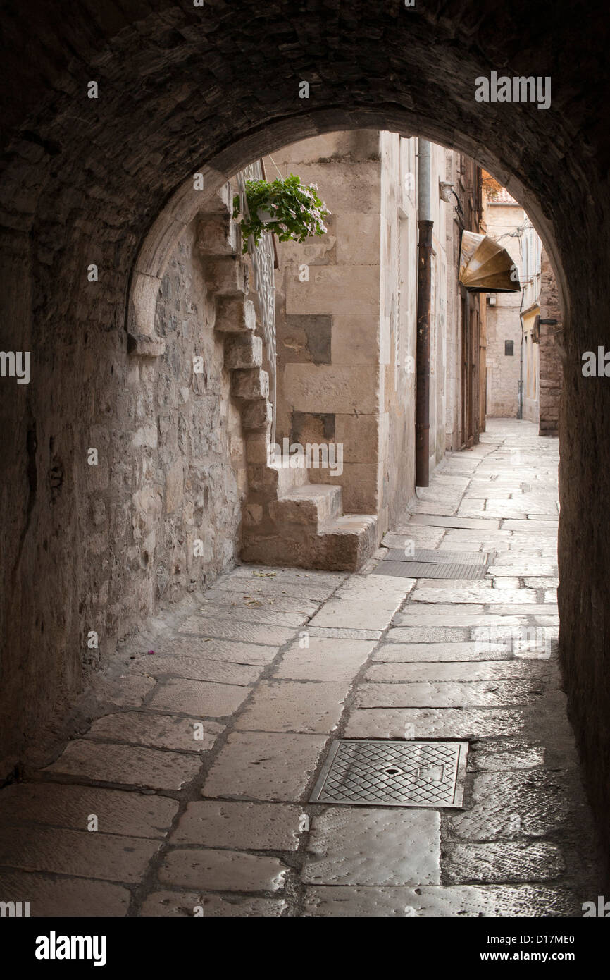 Stone alleyways of the old town in the city of Split on the Adriatic coast of Croatia. Stock Photo