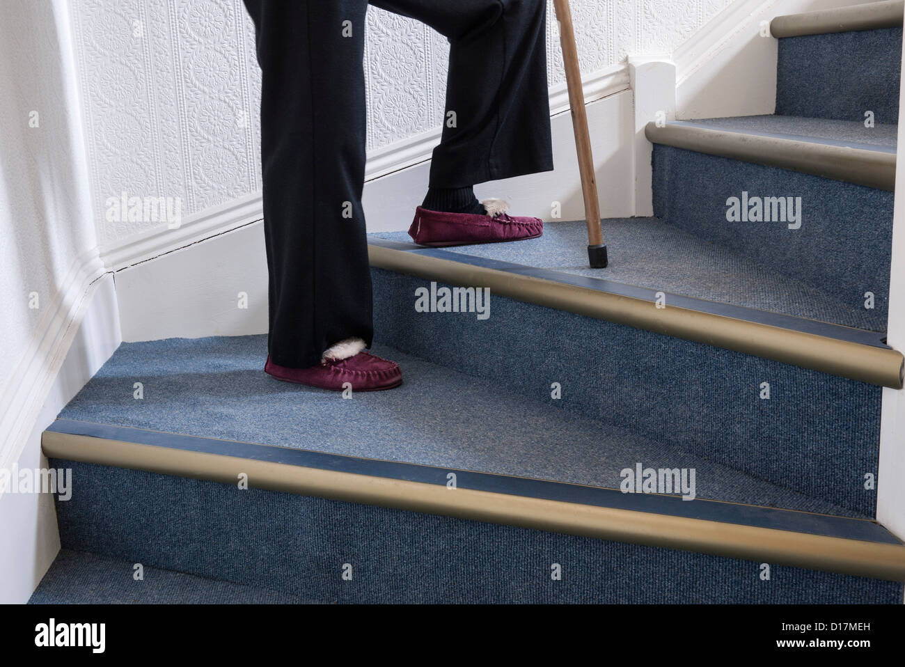 Legs of a person climbing stairs using a walking stick, England, UK