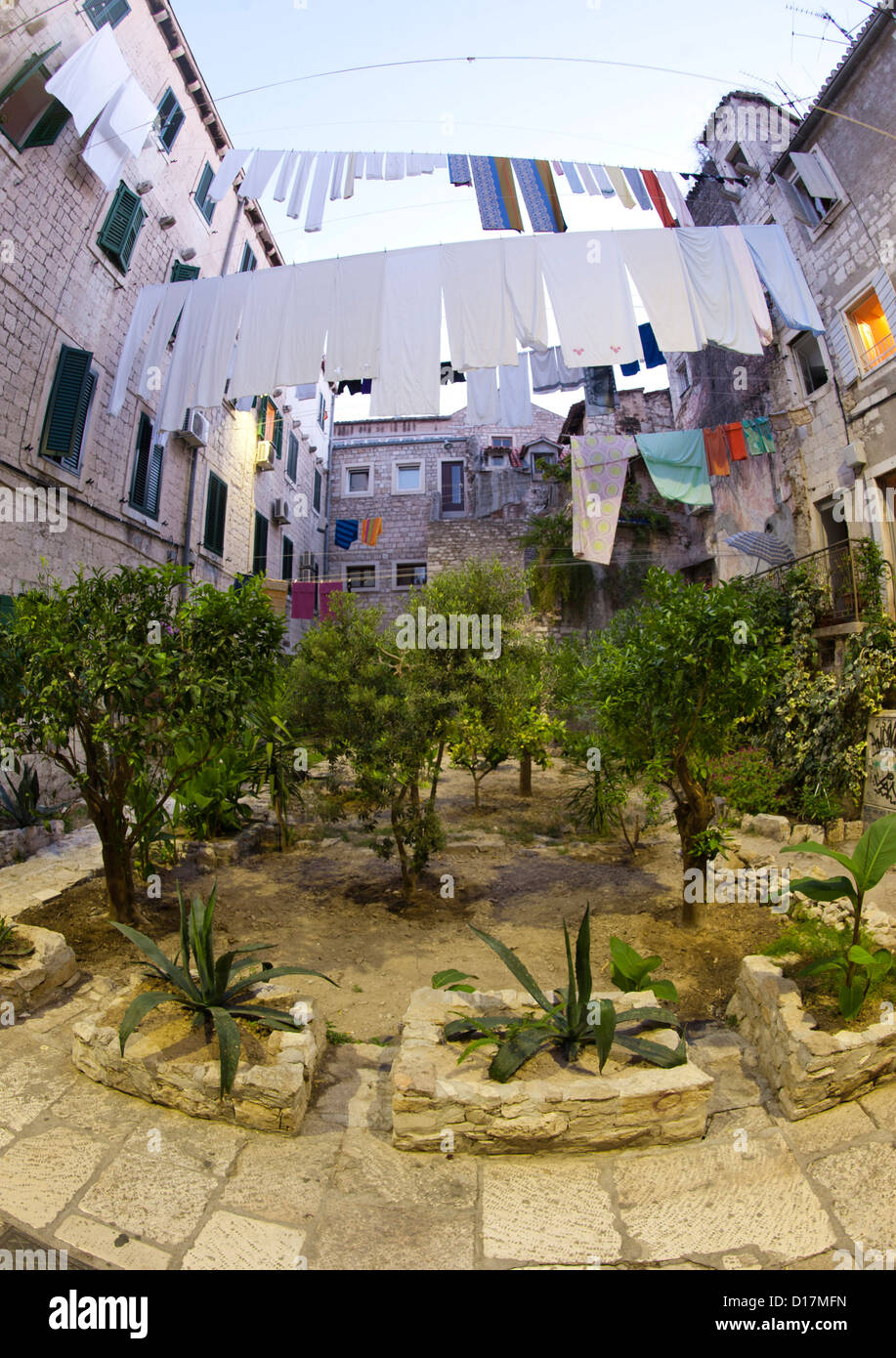 Washing hanging in the old town in the city of Split on the Adriatic coast of Croatia. Stock Photo