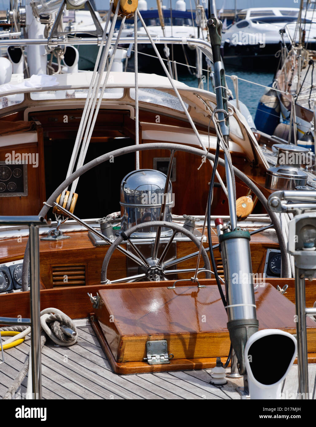 Italy, Tuscany, Viareggio port, the steering-wheel of an ...