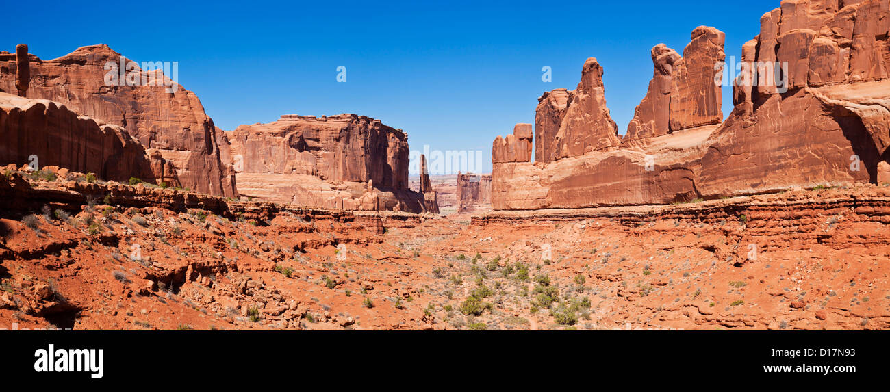 The Courthouse Towers Rock formations from Park Avenue viewpoint Arches National Park near Moab Utah, USA Stock Photo