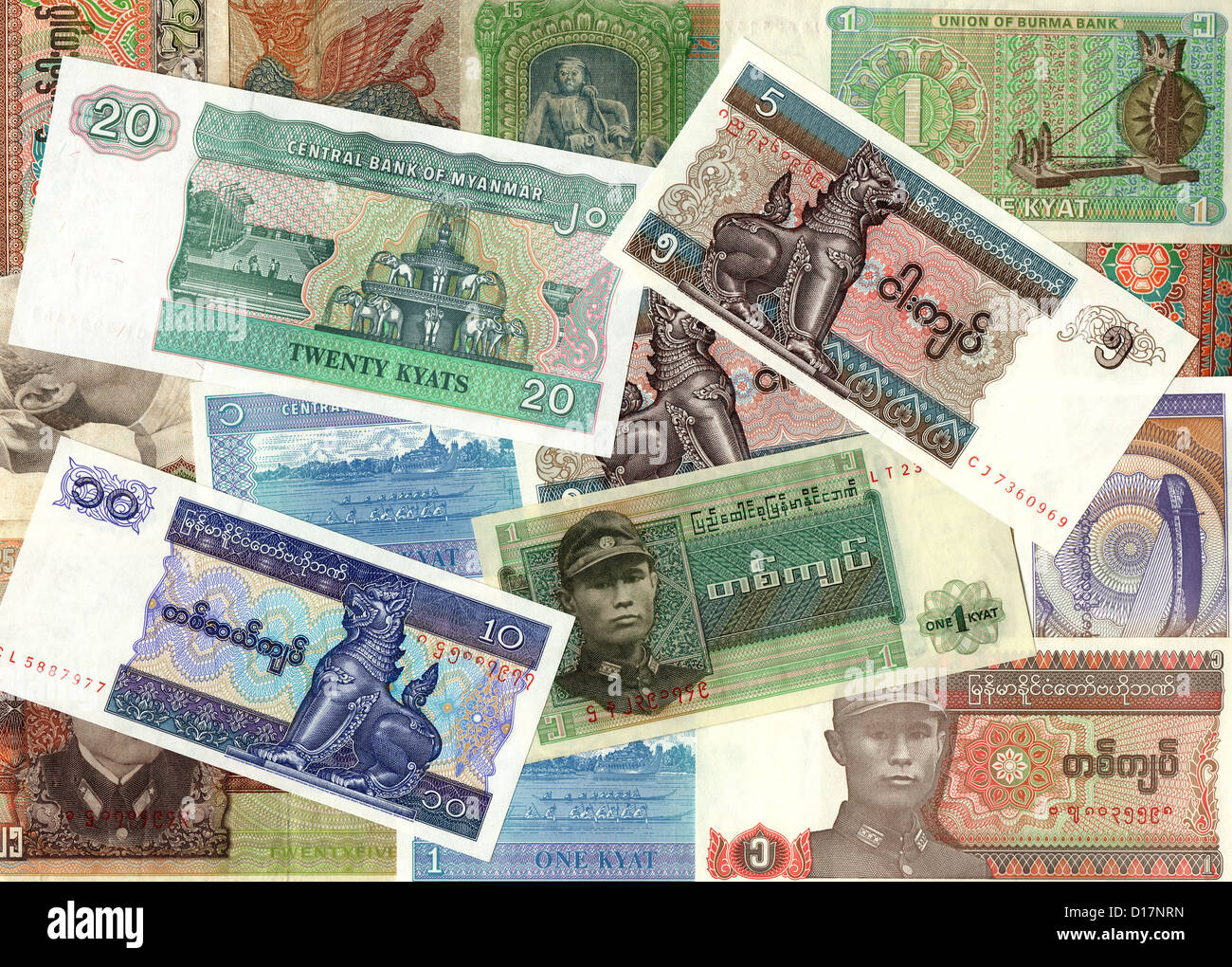 Background of Myanmar kyat money bills old and present banknotes