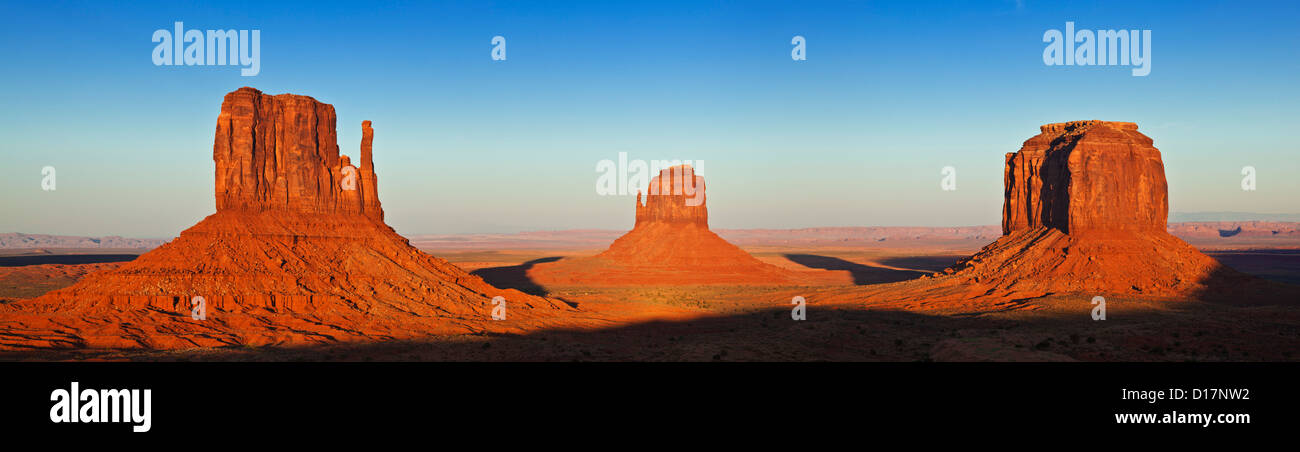 West Mitten Butte, East Mitten Butte and Merrick Butte, The Mittens at Sunset, Monument Valley Navajo Tribal Park, Arizona, USA Stock Photo