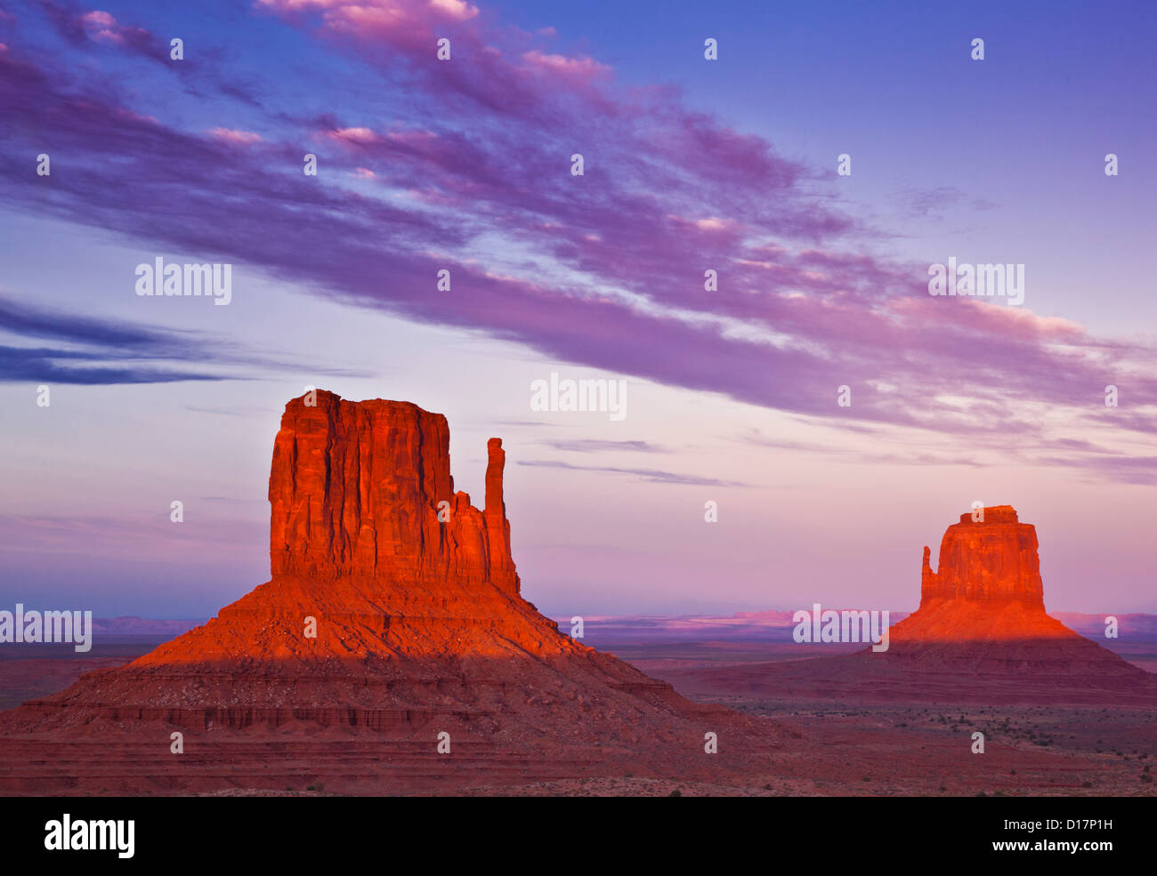 West Mitten Butte and East Mitten Butte The Mittens at Sunset, Monument Valley Navajo Tribal Park, Arizona, USA Stock Photo