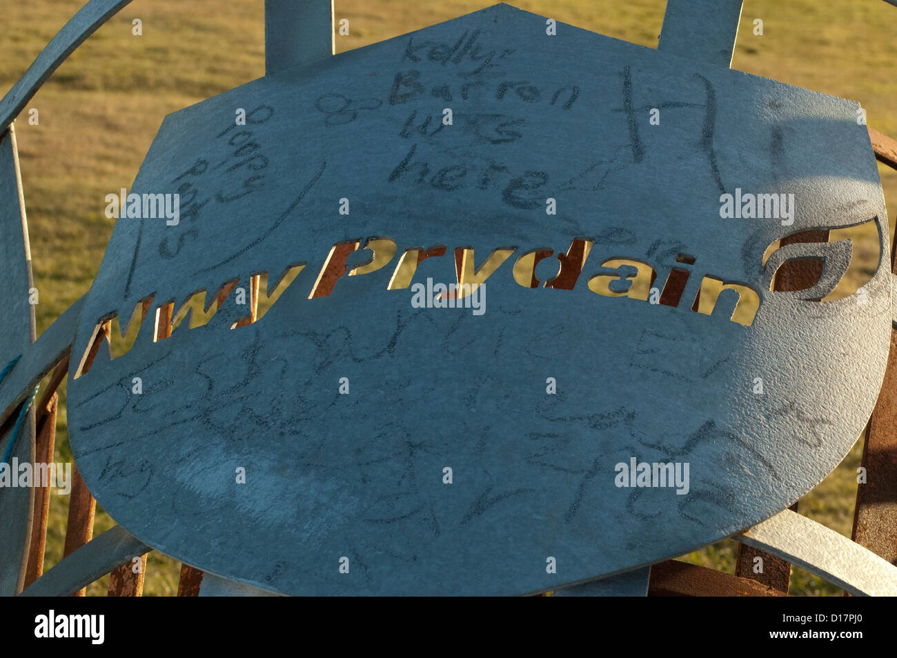 Graffitied Nwy Prydain / British Gas beacon on Constitution Hill, Aberystwyth. Stock Photo