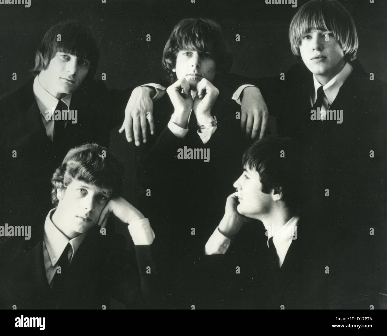 THE BYRDS  Promotional photo of US group about 1965. From l: Gene Clark, Chris Hillman, Roger McGuinn, Dave Crosby, Mike Clark Stock Photo