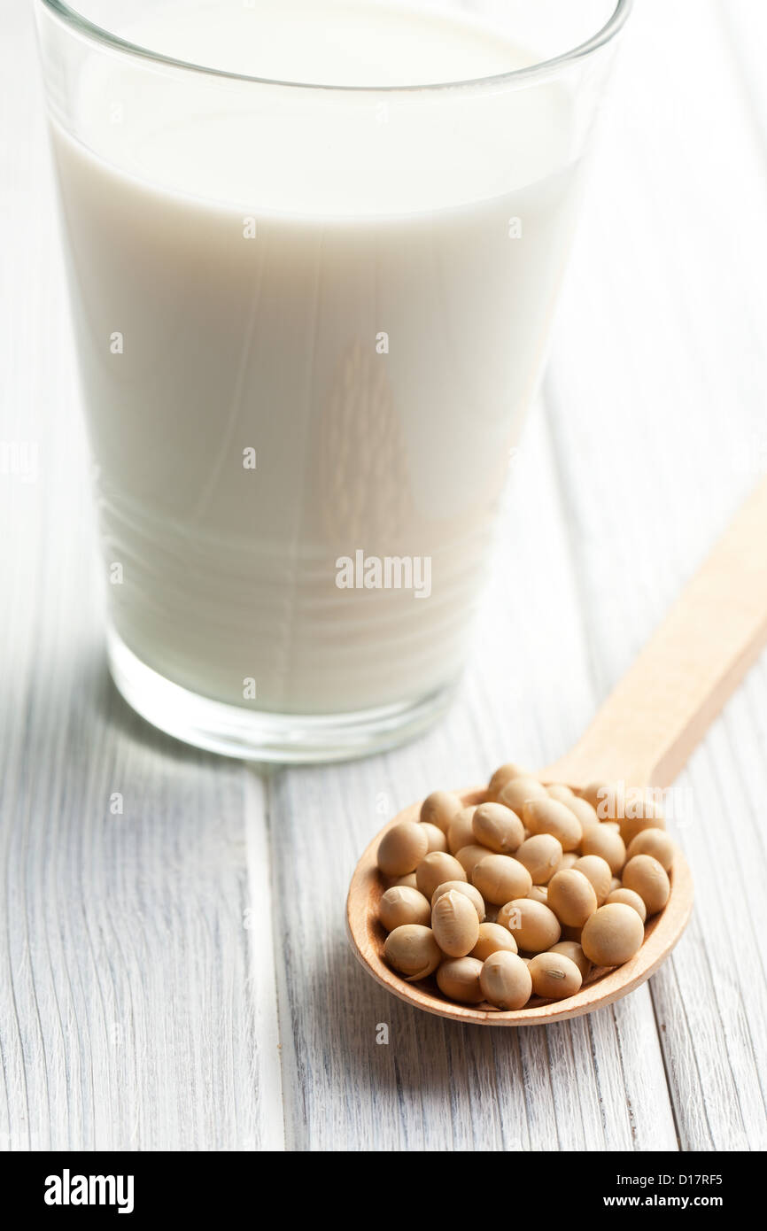 soy beans and soymilk on table Stock Photo