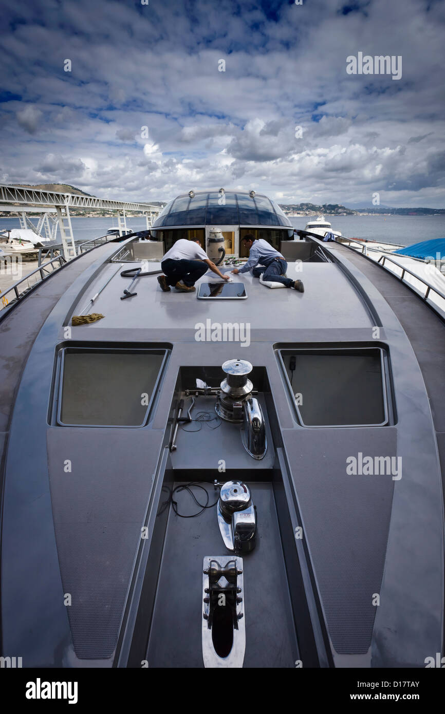 Italy, Baia (Naples), Baia 100 luxury yacht under construction (boatyard: Cantieri di Baia) Stock Photo