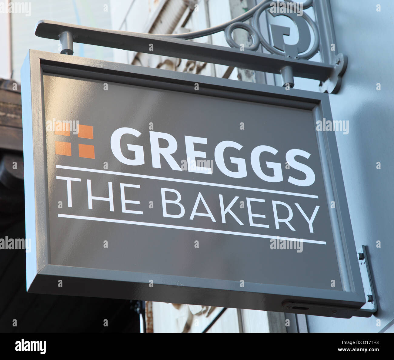 Greggs the Bakers Bakery sign above shop  in Whitley Bay, north east England UK Stock Photo