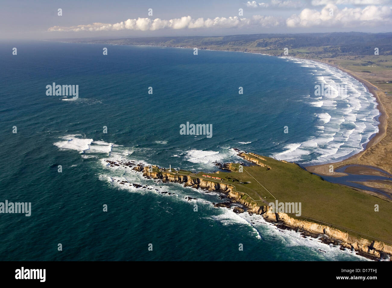 An aerial view of Point Arena Lighthouse along the northern coast of