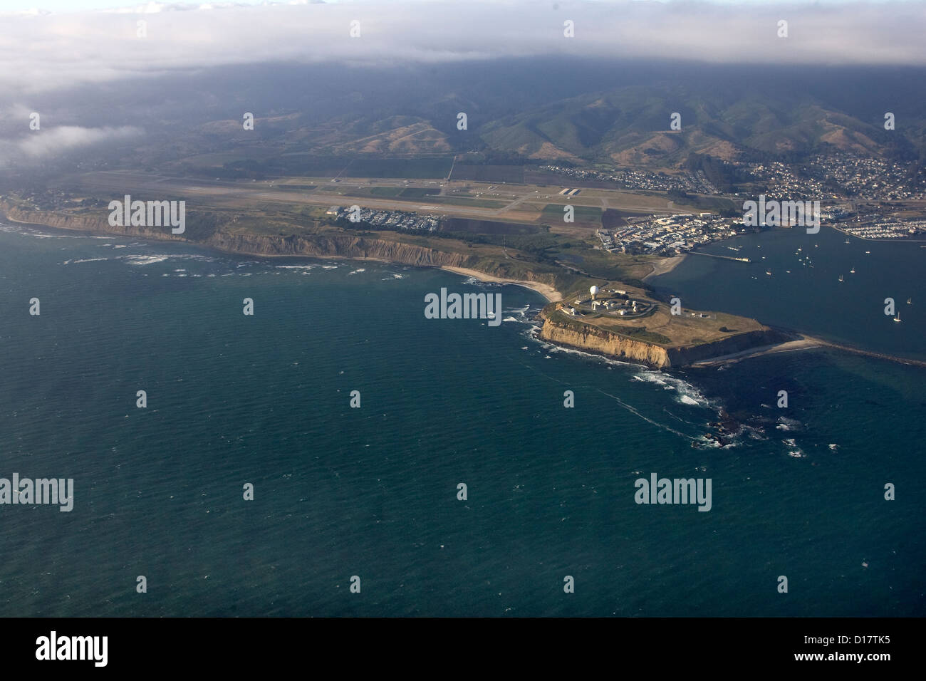 An aerial view of Pillar Point Harbor and the famous Maverick's surf