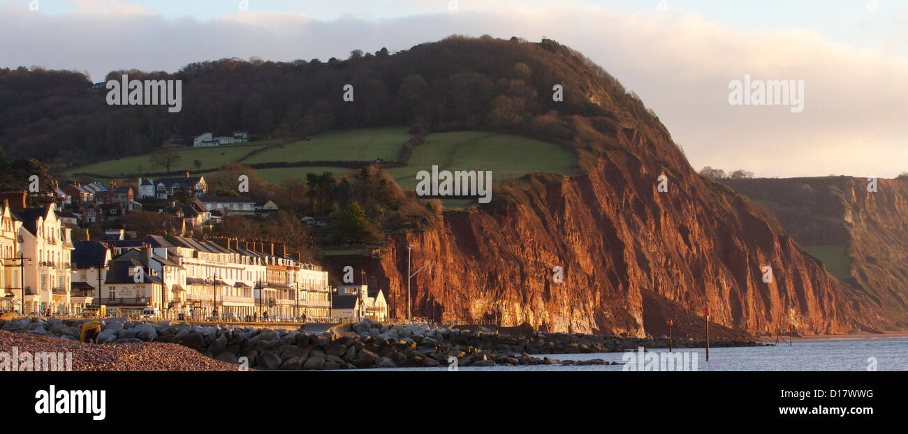 Sidmouth seafront and cliff falls at dawn on the Jurassic coast Stock