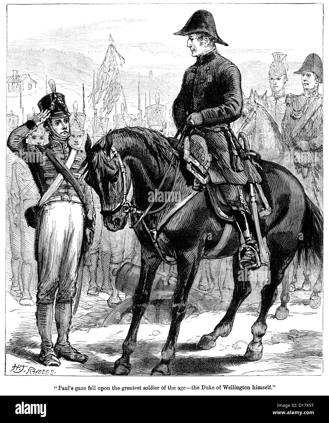 Victorian engraving of the Duke of Wellington inspecting his troops Stock Photo