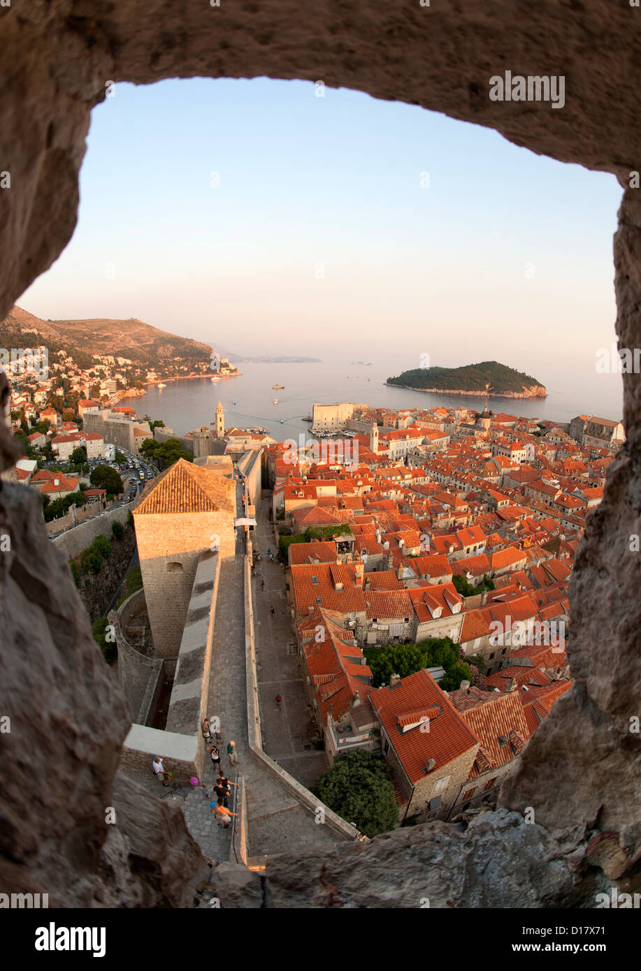 View from Minceta Tower over the rooftops of the old town in the city of Dubrovnik on the Adriatic coast of Croatia. Stock Photo