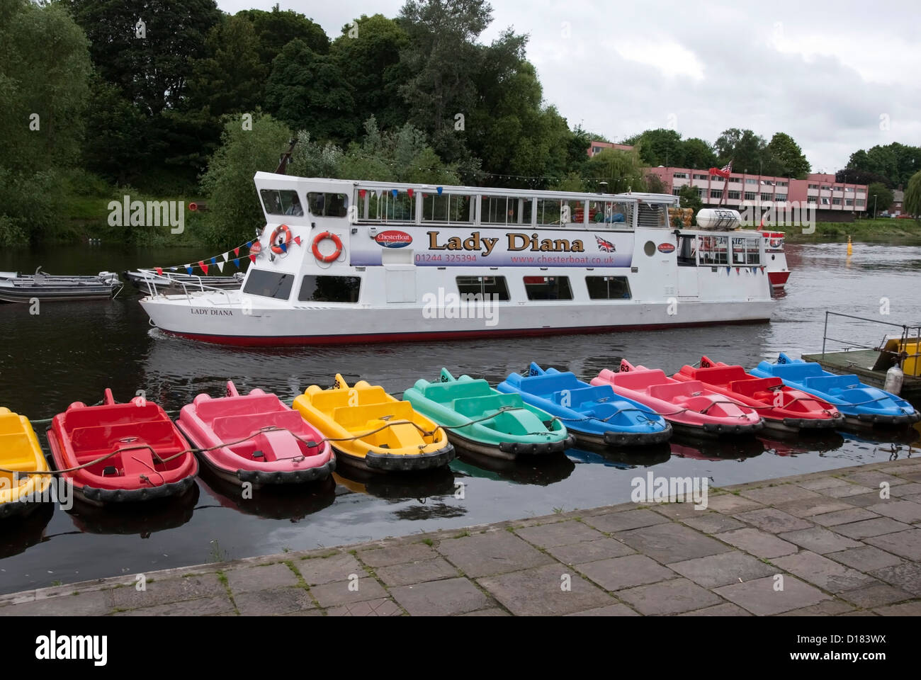 Row of Brightly Coloured Pedal Boats and Lady Diana Sightseeing