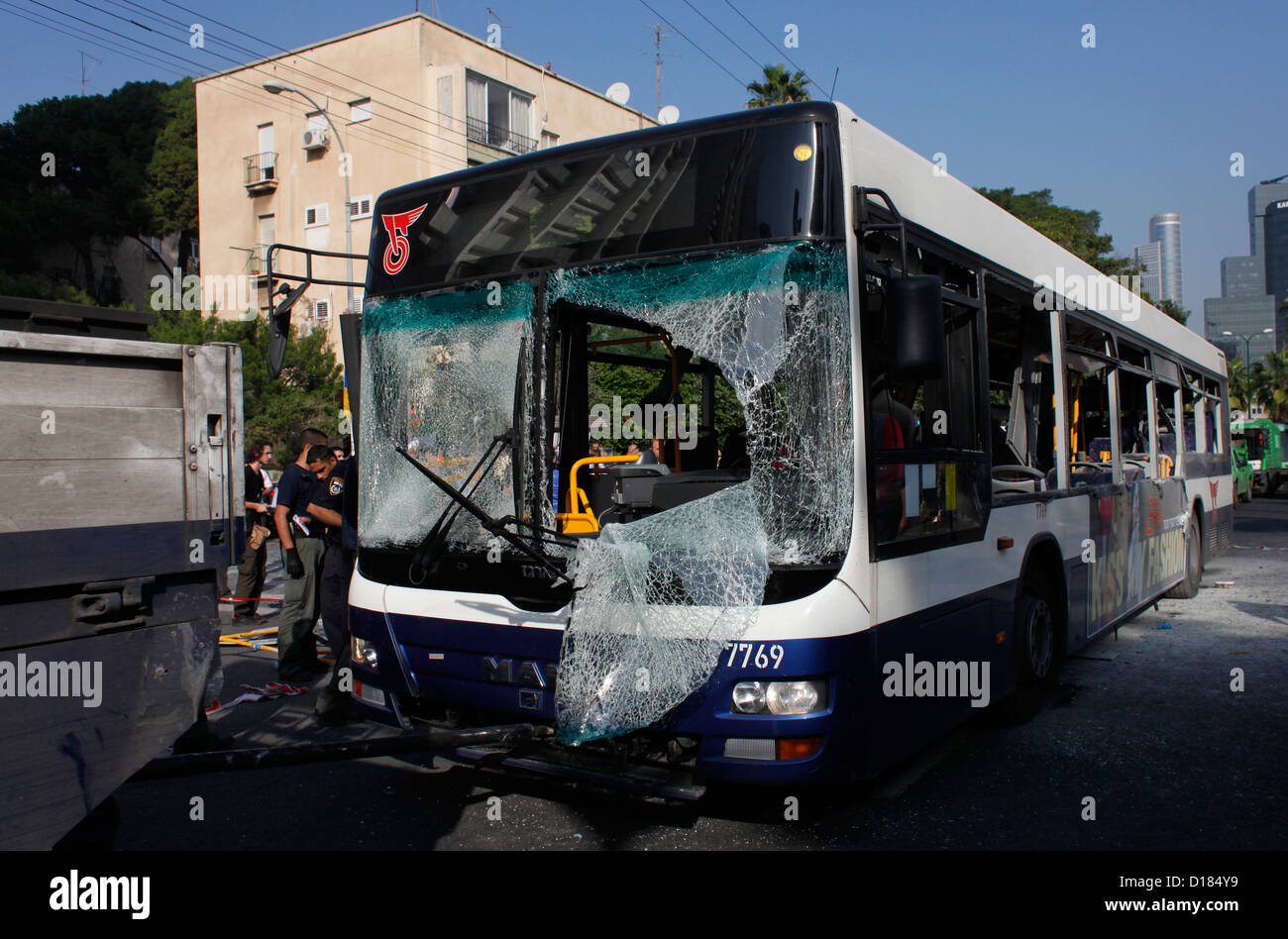 The front of a bus that was targeted in a bombing attack in Tel Aviv on ...
