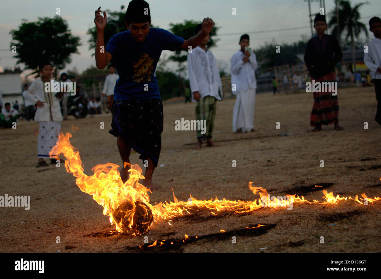 Some students play Fire Football tradition in islamic boarding house ...