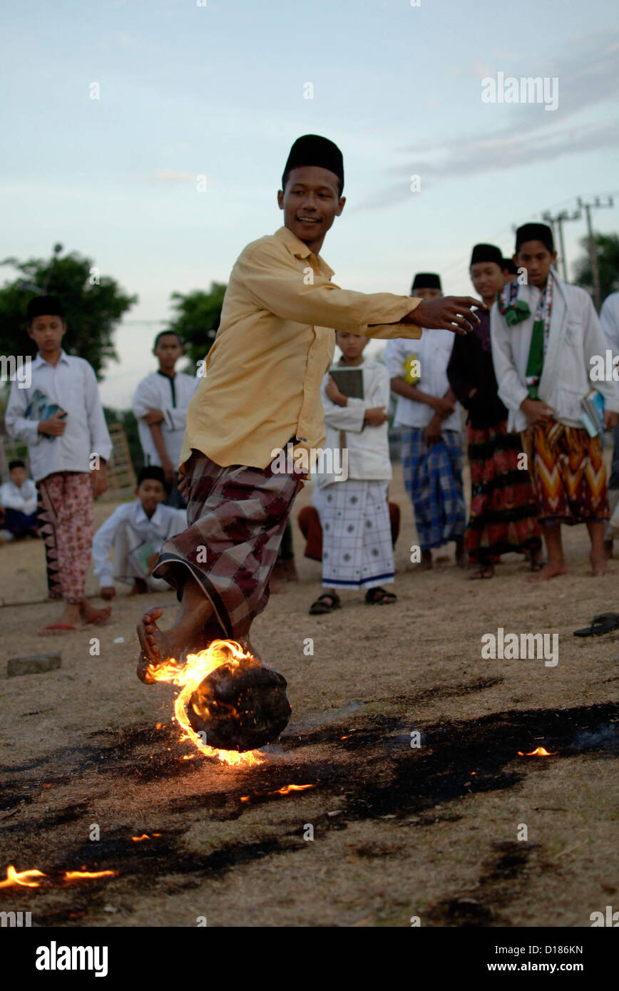 Some students play Fire Football tradition in islamic boarding house ...